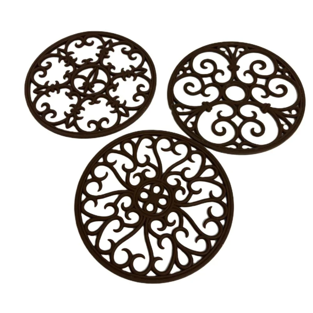 * Trivets Set of Three Silicone Mats Scroll Design Hot Pads Dark Brown